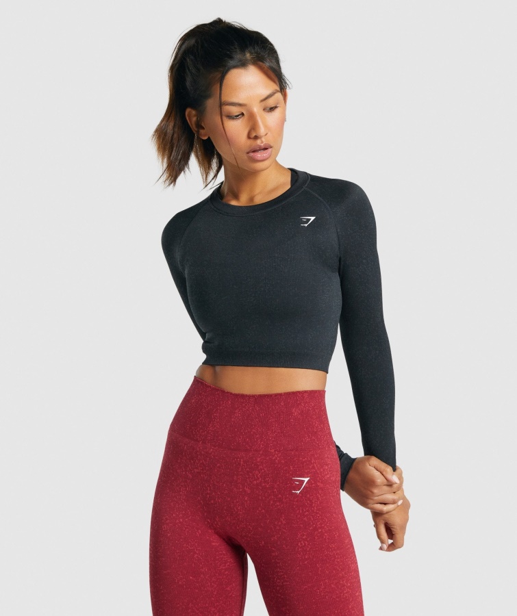 Adapt Fleck Nahtloses Langärmliges Crop-Top Mineral-black Gymshark