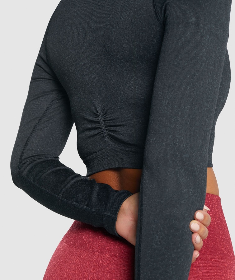 Adapt Fleck Nahtloses Langärmliges Crop-Top Mineral-black Gymshark