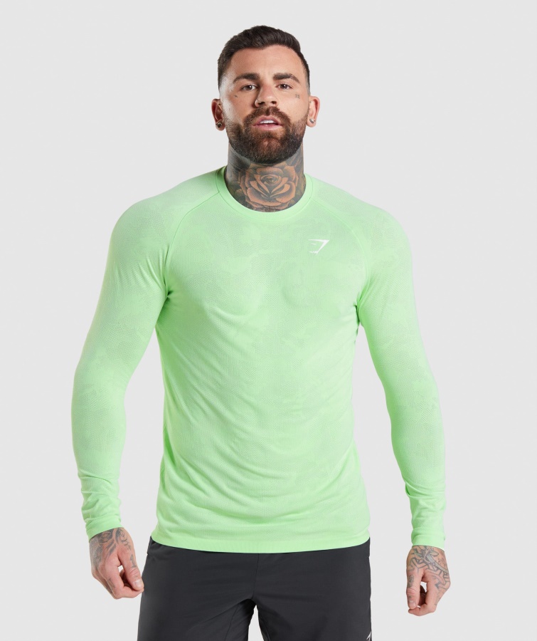 Geo Nahtloses Langarm T-shirt Bali Grün-weiß Gymshark