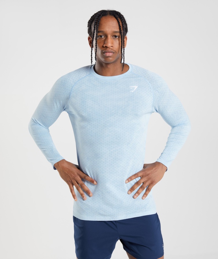 Geo Nahtloses Langarm T-shirt White-moonstone Blue Gymshark
