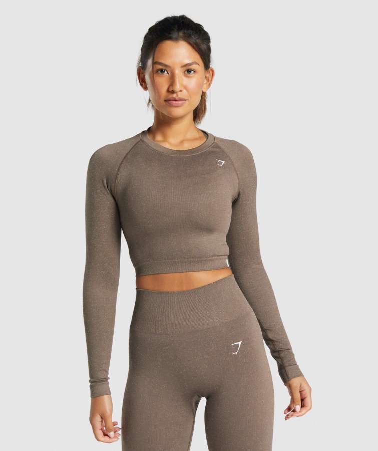 Gymshark, Mineralbraunes, Nahtloses, Langärmliges Crop-Top Mit Adapt-Flecken