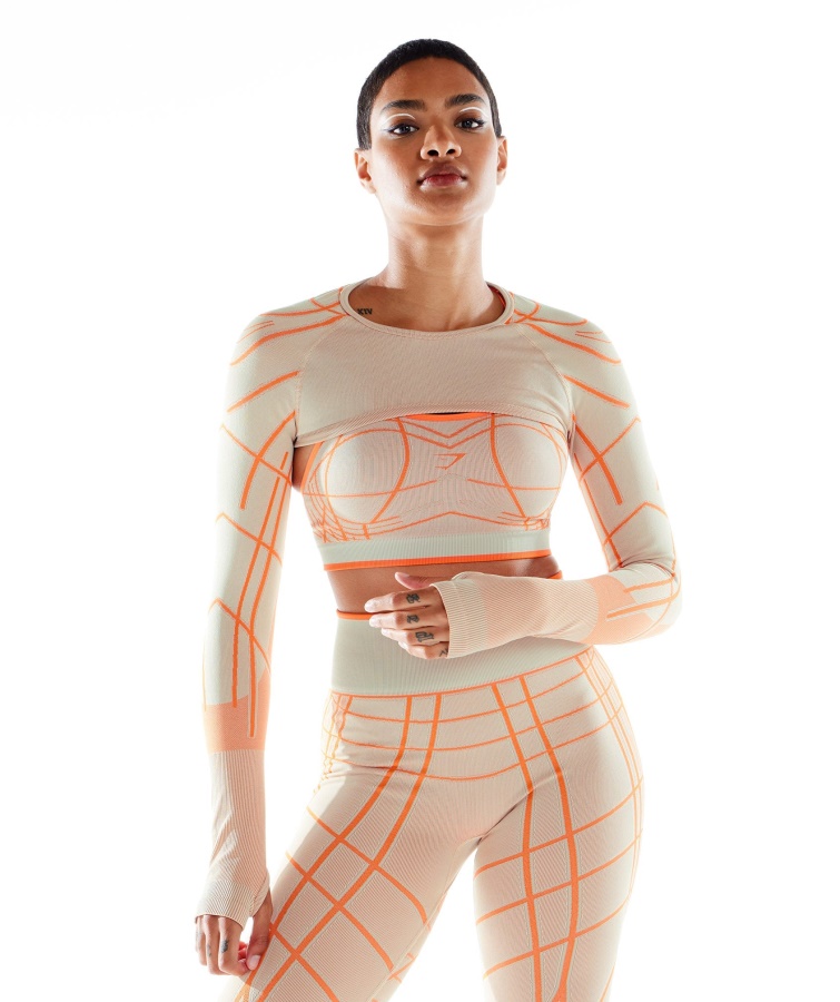 Gymshark Pebble Grey-orange-coconut White Wtflex Linear Seamless Long Sleeve Shrug