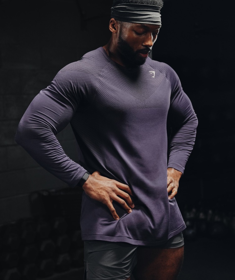 Gymshark Sattes Lila-schwarzes Apex Nahtloses Langärmliges T-shirt