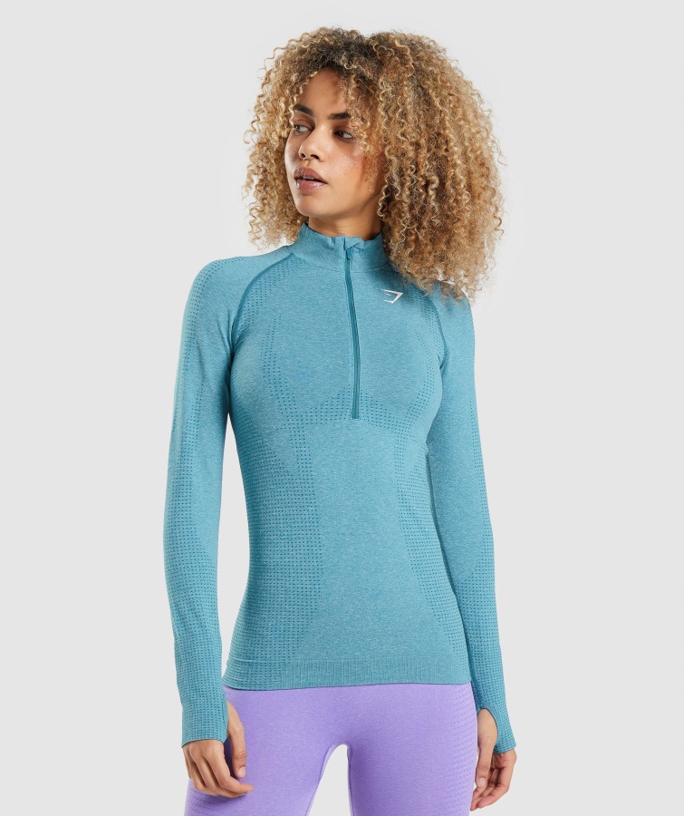 Gymshark Tahoe Teal Marl Vital Seamless 2.0 1-2 Zip Pullover