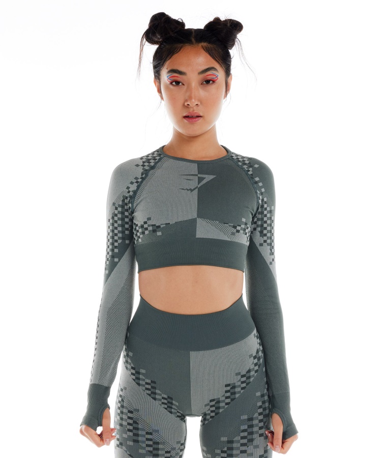 Wtflex Cyborg Nahtloses Langarm Bauchfreies Top Anthrazit-schwarz-hellgrau Gymshark